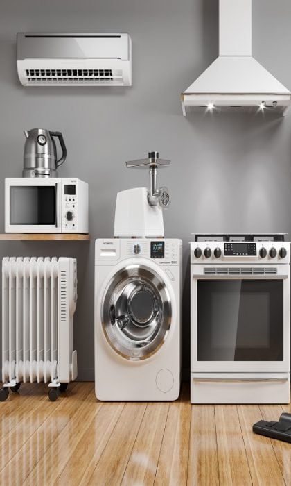 Set of home kitchen appliances in the room on the wall background.